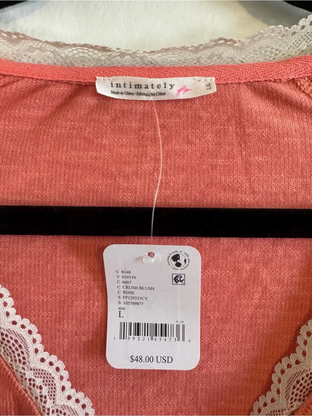 NWT Free People Intimately Crush Blush Rose Lace Trim Henley Top Size L